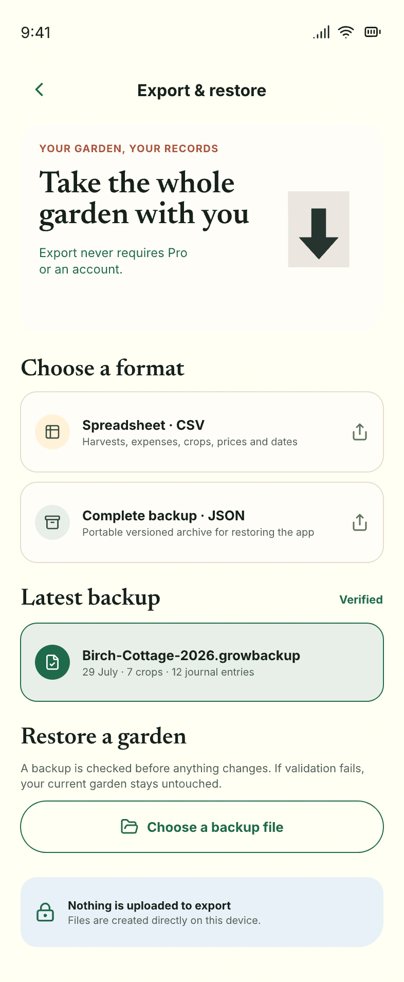 The Grow or Buy Export & restore screen: take the whole garden with you as CSV or JSON, with nothing uploaded to export.