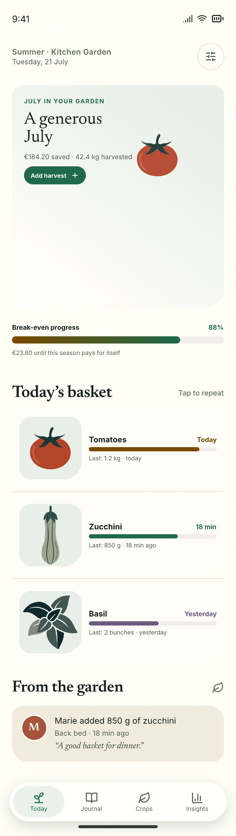The Grow or Buy Home screen showing a summer garden summary, break-even progress, and today’s harvest basket with tomatoes, beetroot and basil.